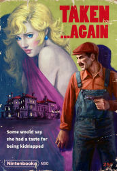 Rule 34 | 1940s (style), 1950s (style), 1boy, 1girl, astor alexander, blonde hair, blue eyes, brown hair, commentary, cover, damaged, derivative work, earrings, english text, facial hair, fake cover, gun, handgun, hat, highres, jewelry, lips, long hair, manly, mansion, mario, mario (series), mustache, nintendo, overalls, parody, princess peach, projected inset, realistic, retro artstyle, style parody, weapon