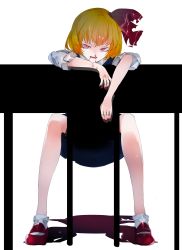 Rule 34 | 1girl, black dress, blonde hair, blood, blood on face, blood on hands, chair, darkness, desk, dress, hair ribbon, highres, ikurauni, looking at viewer, mary janes, nail polish, narrowed eyes, nosebleed, pink eyes, red footwear, red nails, red ribbon, ribbon, rumia, shirt, shoes, short hair, short sleeves, simple background, sitting, sitting backwards, slit pupils, socks, solo, spread legs, touhou, white background, white shirt, white socks