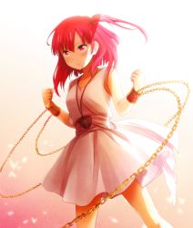 Rule 34 | 1girl, arya (tianhua), bracelet, chain, frown, gradient background, jewelry, legs apart, magi the labyrinth of magic, md5 mismatch, morgiana, pendant, red background, red eyes, red hair, short hair, side ponytail, solo, standing, white background