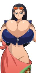 Rule 34 | 1girl, smile, black hair, blue eyes, blue jacket, breasts, bursting breasts, cleavage, cowboy shot, cropped jacket, groin, half-closed eyes, highres, huge breasts, jacket, large breasts, long hair, looking at viewer, mike inel, nico robin, no bra, no panties, one piece, red towel, self exposure, smile, sunglasses, sunglasses on head, tight clothes, towel, transparent background