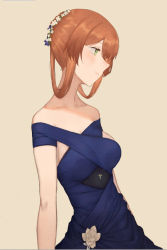 Rule 34 | 1girl, bare shoulders, brown hair, collarbone, dress, evening gown, girls&#039; frontline, green eyes, md5 mismatch, official alternate costume, oka ball, resolution mismatch, smile, solo, source smaller, springfield (girls&#039; frontline), springfield (queen in radiance) (girls&#039; frontline), wreath