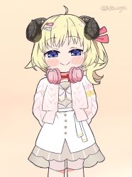 Rule 34 | 1girl, ahoge, animal ears, arms behind back, blonde hair, blue eyes, blush stickers, closed mouth, dress, hair ornament, hairclip, headphones, headphones around neck, highres, hololive, horns, kukie-nyan, looking at viewer, official alternate costume, sheep ears, sheep girl, sheep horns, short hair, side ponytail, sleeveless, sleeveless dress, smile, solo, sweater, tsunomaki watame, tsunomaki watame (street casual), twitter username, virtual youtuber, white dress