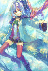 Rule 34 | 1girl, :o, ame yamori, ankle boots, bird, blue hair, boots, brown eyes, dragon, fantasy, in tree, mini dragon, multicolored hair, off shoulder, original, outstretched arm, ponytail, red thighhighs, signature, sitting, sitting in tree, solo, thighhighs, tree, zettai ryouiki