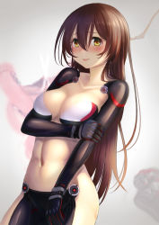 Rule 34 | 1girl, black gloves, black pants, blush, breast hold, breasts, brown hair, cleavage, collarbone, cowboy shot, elbow gloves, frown, gloves, gradient background, grey background, hair between eyes, hand on own arm, highres, hololive, koko (koko3), long hair, looking at viewer, mechanical arms, medium breasts, navel, nose blush, pants, revealing clothes, roboco-san, solo, stomach, tareme, very long hair, virtual youtuber, yellow eyes