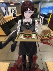 Rule 34 | all fours, apron, black bow, black bowtie, black footwear, black pants, bloody footprints, bow, bowtie, brown hair, burger, chainsaw man, collared shirt, crying, crying with eyes open, death, decapitation, employee uniform, extra, family burger (chainsaw man), fast food, fast food uniform, food, frown, hair ornament, hairclip, higashiyama kobeni, highres, holding, holding tray, looking at viewer, mole, mole under mouth, one eye closed, pants, pool of blood, restaurant, severed head, shirt, short ponytail, single sidelock, snot, solo focus, surprised, tears, ton dokmaiklow, tray, uniform, white shirt