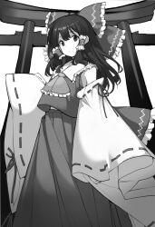 Rule 34 | 1girl, asakura maru, ascot, bare shoulders, bow, closed mouth, detached sleeves, frilled ascot, frilled bow, frilled shirt collar, frills, greyscale, hair bow, hair tubes, hakurei reimu, highres, long hair, long skirt, long sleeves, looking at viewer, medium hair, monochrome, open mouth, ribbon, ribbon-trimmed sleeves, ribbon trim, sidelocks, simple background, skirt, skirt set, solo, standing, torii, touhou, vest, white background, wide sleeves