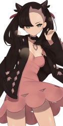 Rule 34 | 1girl, absurdres, asymmetrical bangs, black choker, black hair, black jacket, breasts, choker, closed mouth, clothing cutout, collarbone, contrapposto, creatures (company), dress, earrings, game freak, green eyes, hair ribbon, hand up, highres, jacket, jewelry, marnie (pokemon), medium hair, nintendo, no panties, nuneno, pendant choker, pink dress, pokemon, pokemon swsh, red ribbon, ribbon, simple background, single earring, small breasts, solo, spaghetti strap, thighs, twintails, two side up, undercut, white background