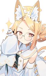 Rule 34 | 1girl, animal ear fluff, animal ears, bespectacled, bird, bird on hand, blonde hair, blue archive, blush, detached sleeves, dress, flower, glasses, hair flower, hair ornament, halo, highres, looking at viewer, round eyewear, sailor collar, sailor dress, seia (blue archive), simple background, sleeves past fingers, sleeves past wrists, smile, solo, sparkle, syhan, white background, white dress, white flower, white sailor collar