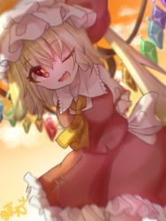 Rule 34 | 1girl, ;d, ascot, back bow, blonde hair, bow, breasts, collared shirt, dutch angle, fang, flandre scarlet, frilled shirt collar, frilled skirt, frills, gfxs5335, gradient background, hat, head tilt, looking at viewer, medium hair, mob cap, multicolored wings, one eye closed, open mouth, orange background, puffy short sleeves, puffy sleeves, red skirt, red vest, shirt, short sleeves, skin fang, skirt, skirt set, small breasts, smile, solo, touhou, vest, white bow, white hat, white shirt, wings, yellow ascot