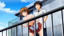 Rule 34 | 10s, animated, animated gif, ass, ass grab, breasts, brown hair, censored, clothed sex, doggystyle, fukubiki! triangle: miharu after, school uniform, sex, sex from behind, shinonome futaba, short hair