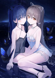 Rule 34 | 2girls, ankleband, bare shoulders, barefoot, black choker, black dress, blue eyes, blue hair, blush, breasts, brown eyes, brown hair, bug, butterfly, butterfly hair ornament, choker, closed mouth, collarbone, dress, expressionless, feet, full body, hair ornament, hand on another&#039;s leg, highres, insect, kneeling, looking at viewer, mikisai, multiple girls, original, partially submerged, see-through, shallow water, sitting, sleeveless, sleeveless dress, small breasts, smile, water, white dress, yokozuwari