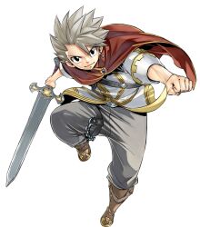 Rule 34 | 1boy, azel (gate of nightmares), belt, black belt, black eyes, boots, brown footwear, cape, full body, gate of nightmares, grey hair, grey pants, highres, holding, holding sword, holding weapon, knee boots, looking at viewer, mashima hiro, official art, pants, red cape, shirt, short hair, simple background, solo, spiked hair, sword, transparent background, weapon, white shirt