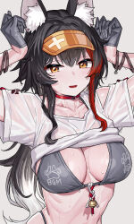 Rule 34 | 1girl, animal ears, bell, bikini, black hair, breasts, choker, clothes lift, gloves, grey background, grey bikini, grey gloves, half gloves, highres, hololive, jingle bell, large breasts, long hair, looking at viewer, multicolored hair, ookami mio, orange eyes, red choker, red hair, ribs, see-through, see-through shirt, shirt, shirt lift, simple background, solo, streaked hair, sweat, swimsuit, tenchisouha, virtual youtuber, visor cap, wet, wet clothes, wet hair, wet shirt, white shirt, wolf ears, wolf girl
