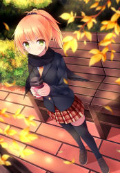 Rule 34 | 1girl, azure (capriccio), bench, black thighhighs, blazer, blonde hair, blush, cup, dutch angle, falling leaves, from above, full body, green eyes, jacket, leaf, long sleeves, looking at viewer, looking up, necktie, orange necktie, original, outdoors, plaid, plaid skirt, ponytail, scarf, school uniform, short hair, skirt, solo, standing, thighhighs