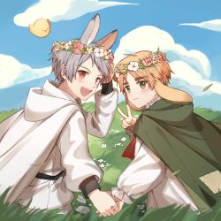 Rule 34 | 2boys, absurdres, adjusting clothes, adjusting headwear, albino, animal ears, axis powers hetalia, blonde hair, blue sky, blush, cape, chinese commentary, closed mouth, cloud, day, flower, flower wreath, gilbird, grass, grasslands, green cape, green eyes, grey hair, hair flower, hair ornament, hand up, highres, holding hands, hood, hood down, hooded cape, jacket, long sleeves, looking at viewer, looking back, male focus, multiple boys, open mouth, outdoors, pants, prussia (hetalia), rabbit boy, rabbit ears, red eyes, short hair, sky, smile, teeth, united kingdom (hetalia), upper teeth only, v, wangsususu001, white cape, white flower, white jacket, white pants