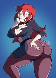 Rule 34 | 1girl, absurdres, ass, ass grab, bodysuit, breasts, chariot du nord, clenched teeth, constricted pupils, deep skin, embarrassed, from behind, grimphantom, highres, huge ass, large breasts, little witch academia, long hair, looking back, looking down, red eyes, red hair, shiny chariot, shiny clothes, skin tight, solo, teeth