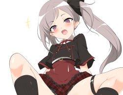Rule 34 | +++, 1girl, :d, black flower, black jacket, black socks, blouse, blue archive, blush, breasts, commentary request, fang, feet out of frame, flower, frilled skirt, frills, grey hair, hair flower, hair ornament, head tilt, highres, jacket, long hair, momio, mutsuki (blue archive), open mouth, out-of-frame censoring, plaid, plaid skirt, purple eyes, red skirt, ribbed legwear, shirt, short sleeves, side ponytail, simple background, skirt, small breasts, smile, socks, solo, spread legs, thighs, very long hair, white background, white shirt