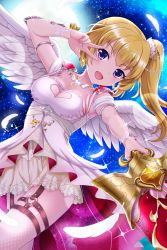 Rule 34 | 1girl, absurdres, alternative girls, angel wings, armlet, blonde hair, breasts, cleavage, dress, full moon, hair ornament, heart, heart necklace, highres, holding, holding weapon, jewelry, looking at viewer, mizushima airi, moon, necklace, night, night sky, official art, open mouth, ponytail, purple eyes, side ponytail, sky, smile, solo, v, weapon, white dress, wings