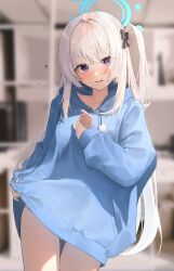 Rule 34 | 1girl, absurdres, blue archive, blue halo, blue hoodie, blurry, blurry background, blush, cellphone, cowboy shot, grey hair, halo, highres, holding, holding phone, hood, hoodie, indoors, long hair, long sleeves, looking at viewer, miyako (blue archive), miyako (young) (blue archive), official alternate costume, one side up, open mouth, phone, purple eyes, shiina 1001, smartphone, solo