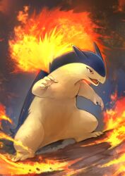 Rule 34 | absurdres, blurry, commentary request, creatures (company), dated, day walker1117, fang, fire, game freak, gen 2 pokemon, hand up, highres, hunched over, nintendo, no humans, open mouth, pokemon, pokemon (creature), red eyes, solo, typhlosion