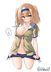 Rule 34 | 10s, 1girl, bad id, bad twitter id, blush, breasts, brown eyes, collarbone, ebifurya, green jacket, hair between eyes, hairband, highres, i-26 (kancolle), inactive account, jacket, kantai collection, large breasts, light brown hair, long hair, new school swimsuit, open mouth, sailor collar, school swimsuit, short sleeves, simple background, solo, swimsuit, twitter username, two-tone hairband, two side up, white background, white sailor collar