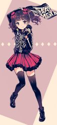 Rule 34 | 1girl, arm up, arms behind back, babymetal, black gloves, black thighhighs, blush, boots, brown hair, fingerless gloves, frills, full body, gloves, hiten (hitenkei), holding, hood, hoodie, kikuchi moa, long hair, looking at viewer, simple background, skirt, solo, thighhighs, tongue, tongue out, twintails, zettai ryouiki