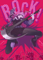 Rule 34 | 1girl, animal ears, belt, black belt, black footwear, black hair, black jacket, black pantyhose, black tube top, cahryos, cropped jacket, fake animal ears, guitar, hair over one eye, headphones, headphones around neck, highres, holding, holding guitar, holding instrument, hololive, hololive english, instrument, jacket, long hair, mori calliope, mori calliope (9th costume), multicolored hair, official alternate costume, pantyhose, pink hair, rabbit ears, red eyes, shoes, smile, solo, strapless, streaked hair, torn clothes, torn pantyhose, tube top, virtual youtuber