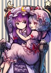 Rule 34 | 2girls, bat wings, blue hair, bow, capelet, crescent, dress, fang, hair bow, hair ornament, hat, hat ribbon, highres, long hair, long sleeves, looking at another, md5 mismatch, mob cap, multiple girls, open mouth, patchouli knowledge, profile, puffy sleeves, purple eyes, purple hair, pyonsuke (pyon2 mfg), red eyes, remilia scarlet, resized, ribbon, sash, shirt, short hair, short sleeves, sitting, sitting on person, skirt, skirt set, smile, star (symbol), striped, striped background, throne, touhou, vest, wings
