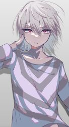 Rule 34 | 1boy, accelerator (toaru majutsu no index), albino, ambiguous gender, androgynous, arm at side, arm up, arrow (symbol), arrow print, collarbone, diagonal-striped shirt, expressionless, frown, gradient background, half-closed eyes, hand in own hair, highres, looking at viewer, loose clothes, loose shirt, medium hair, messy hair, midriff peek, open mouth, pale skin, red eyes, sanpaku, shadow, shirt, slit pupils, striped clothes, striped shirt, symbol-shaped pupils, thick eyelashes, toaru majutsu no index, ttg shimana, two-tone shirt, upper body, white hair