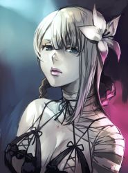 Rule 34 | 1girl, bandages, bandaged arm, bandaged neck, bandages, blue eyes, braid, breasts, cleavage, flower, hungry clicker, kaine (nier), lingerie, lipstick, long hair, looking at viewer, makeup, negligee, nier, nier (series), side braid, solo, underwear, upper body