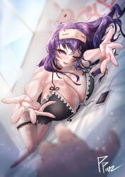 Rule 34 | 1girl, absurdres, black choker, black negligee, breasts, cellphone, choker, cleavage, highres, huge breasts, indie virtual youtuber, lingerie, long hair, mask, mask on head, negligee, nogami natsuki, one eye closed, open mouth, phone, ppangkkaru, purple eyes, purple hair, reaching, reaching towards viewer, signature, sleep mask, smartphone, solo, stuffed animal, stuffed rabbit, stuffed toy, teeth, thigh strap, underwear, upper teeth only, virtual youtuber, yes-no pillow