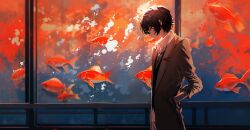 Rule 34 | 1boy, absurdres, backlighting, baocaizi, brooch, brown coat, brown eyes, brown hair, bungou stray dogs, coat, collared shirt, commentary, dazai osamu (bungou stray dogs), english commentary, fish, from side, goldfish, hands in pockets, highres, indoors, jewelry, letterboxed, looking down, male focus, railing, shirt, short hair, solo, white shirt, window