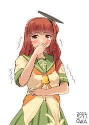 Rule 34 | 1girl, artist name, bell, blunt bangs, braid, commentary request, covering own mouth, dated, de ruyter (kancolle), giggling, green eyes, green sailor collar, green skirt, highres, kantai collection, light brown shirt, long hair, looking at viewer, neckerchief, one-hour drawing challenge, orange neckerchief, owa (ishtail), pleated skirt, red hair, sailor collar, sailor shirt, school uniform, serafuku, shirt, side braid, simple background, skirt, solo, upper body, white background