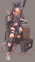 Rule 34 | 1girl, absurdres, ammunition box, bandaid, bandaid on face, blue eyes, blunt bangs, blush, box, cartridge, elbow gloves, fingerless gloves, flashlight, gloves, goggles, goggles on head, grey gloves, gun, highres, holding, holding gun, holding weapon, hololive, hololive english, knee pads, long hair, looking at viewer, midriff, ninomae ina&#039;nis, paper, parted lips, pointy ears, purple hair, radio, rifle, scope, shoes, short shorts, shorts, simple background, sitting, sniper rifle, socks, solo, very long hair, virtual youtuber, weapon, zhvo