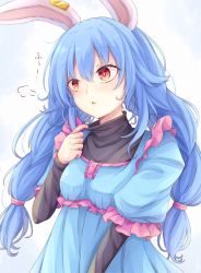 Rule 34 | 1girl, animal ears, blue dress, blue hair, clothes pull, dress, earclip, highres, layered sleeves, long hair, long sleeves, looking to the side, low twintails, neko mata, parted lips, rabbit ears, red eyes, seiran (touhou), short over long sleeves, short sleeves, simple background, solo, touhou, twintails, upper body, white background