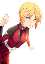 Rule 34 | 1girl, arm up, blonde hair, bodysuit, collar, commentary request, genderswap, genderswap (mtf), gradient hair, izumi kouhei, long sleeves, looking at viewer, multicolored hair, open mouth, pepper fever, red bodysuit, short hair, simple background, solo, standing, turtleneck, world trigger, yellow eyes