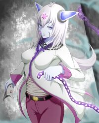 Rule 34 | 1girl, bandaged torso, belt buckle, blue eyes, blue horns, breasts, buckle, chain, chain around neck, closed mouth, colored skin, commentary request, denim, expressionless, facial scar, fog, glowing, glowing chain, hair between eyes, highres, holding, holding chain, holding mask, horns, jeans, la croix, long hair, long sleeves, looking at viewer, mask, medium breasts, mon-musu quest!, monster girl, pants, partial commentary, plague doctor mask, purple pants, raichi (ddq0246), scar, scar on cheek, scar on face, shirt, solo, star of life, white hair, white shirt