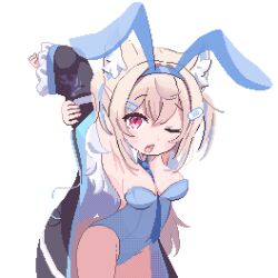 Rule 34 | 1girl, :o, alternate costume, animal ear fluff, animal ears, arms behind head, arms up, bandaid, bandaid hair ornament, black jacket, blonde hair, blue hair, blue hairband, blue leotard, blue necktie, blush stickers, breasts, commentary request, dog ears, fake animal ears, fang, fuwawa abyssgard, hair ornament, hairband, hairclip, hololive, hololive english, jacket, large breasts, leotard, long hair, looking at viewer, multicolored hair, necktie, off shoulder, one eye closed, pink eyes, pixel art, potato7192, rabbit ears, simple background, skin fang, solo, strapless, strapless leotard, streaked hair, transparent background, virtual youtuber