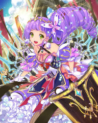 Rule 34 | 1girl, :d, drill hair, empew, gloves, green eyes, hair ornament, holding, long hair, looking at viewer, open mouth, original, princess ana, purple hair, shield, smile, solo, sword, tenkuu no crystalia, weapon, white gloves