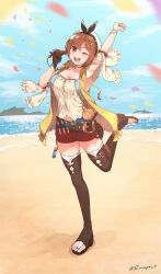 Rule 34 | 1girl, ;d, absurdres, arm up, atelier (series), atelier ryza, atelier ryza 1, beach, belt, belt buckle, beret, black hairband, blue sky, boots, bow hairband, bracelet, breasts, bridal legwear, brown belt, brown eyes, brown footwear, brown gloves, brown hair, buckle, commentary request, detached sleeves, falling petals, flask, full body, gloves, hair between eyes, hair ornament, hairband, hairclip, hand up, hat, highres, holster, jacket, jewelry, leather, leather belt, leather gloves, looking at viewer, medium breasts, midriff peek, necklace, ocean, one eye closed, open mouth, outdoors, outstretched arm, petals, red shorts, reisalin stout, round-bottom flask, s-masa 7131, shirt, short hair, short shorts, shorts, sidelocks, single glove, sky, sleeveless, sleeveless jacket, sleeveless shirt, smile, solo, standing, standing on one leg, star (symbol), star necklace, thigh boots, thigh holster, thighhighs, thighhighs under boots, toeless footwear, toes, twitter username, white headwear, white shirt, white sleeves, white thighhighs, yellow jacket