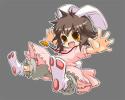 Rule 34 | 1girl, animal ears, blush stickers, brown hair, carrot, carrot necklace, fang, female focus, inaba tewi, japanese clothes, jewelry, jumping, necklace, noya makoto, open mouth, orange eyes, outstretched arms, pants, rabbit ears, rabbit girl, rabbit tail, short hair, simple background, smile, solo, spread arms, spread legs, tail, touhou