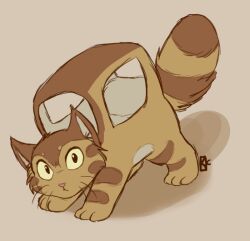Rule 34 | animal ear fluff, brown cat, brown fur, cat, closed mouth, commentary, english commentary, light brown background, nekobus, no humans, simple background, solo, striped fur, striped tail, tail, toloveakiwi, tonari no totoro, whiskers, yellow eyes