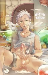 Rule 34 | 1boy, aper sexy, bottomless, censored, cum, drugged, erection, highres, presenting, male focus, naughty face, original, penis, pointy ears, potion, silver hair, sitting, solo, steam, testicles, vial
