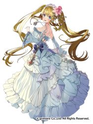 Rule 34 | 1girl, blonde hair, blue eyes, brave sword x blaze soul, breasts, copyright notice, detached sleeves, dress, flower, gaou (umaiyo puyoman), hair flower, hair ornament, high heels, large breasts, long hair, looking at viewer, see-through silhouette, simple background, solo, twintails, very long hair, white background, white dress