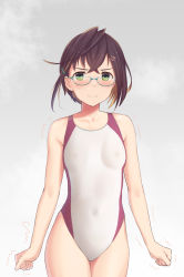 Rule 34 | 1girl, alternate costume, blue-framed eyewear, blush, breasts, brown hair, commentary request, competition swimsuit, covered navel, cowboy shot, female focus, glasses, green eyes, highleg, highleg swimsuit, highres, kantai collection, looking at viewer, moose (moosemitchell2), multicolored hair, okinami (kancolle), one-piece swimsuit, pink hair, short hair, simple background, small breasts, solo, standing, swimsuit, trembling, upper body, white one-piece swimsuit