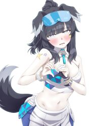 Rule 34 | 1girl, animal ears, bangle, bare shoulders, black hair, blue archive, blue eyes, blush, bracelet, breasts, brilliantko, cheerleader, crop top, dog ears, dog girl, dog tail, embarrassed, eyewear on head, goggles, goggles on head, heart, heart hands, hibiki (blue archive), hibiki (cheer squad) (blue archive), highres, jewelry, long hair, looking at viewer, medium breasts, millennium cheerleader outfit (blue archive), navel, official alternate costume, open mouth, simple background, skirt, solo, star (symbol), star sticker, sticker on arm, sticker on face, swimsuit, tail, text print, wavy mouth, white background