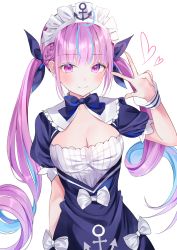 Rule 34 | 1girl, anchor symbol, bad id, bad pixiv id, black bow, black bowtie, black ribbon, blue eyes, blue hair, blush, bow, bowtie, breasts, cleavage, closed mouth, colored inner hair, hair ribbon, hand up, heart, highres, hololive, long hair, looking at viewer, medium breasts, minato aqua, minato aqua (1st costume), multicolored hair, nabi (uz02), pink eyes, pink hair, puffy short sleeves, puffy sleeves, ribbon, short sleeves, simple background, smile, solo, twintails, two-tone hair, v, virtual youtuber, white background, white bow, wrist cuffs