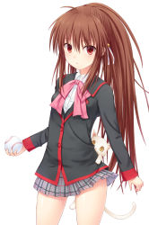 Rule 34 | 1girl, baseball, bow, brown hair, cat, hair ornament, highres, lennon, little busters!, long hair, n.g., natsume rin, open mouth, pink bow, plaid, plaid skirt, ponytail, red eyes, ribbon, school uniform, skirt, solo