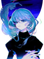Rule 34 | 1girl, black sweater, blue eyes, blue nails, chromatic aberration, cropped torso, eyebrows hidden by hair, floating hair, highres, liquid hair, long hair, long sleeves, mawarusanso, nail polish, original, own hands together, parted lips, solo, sweater, turtleneck