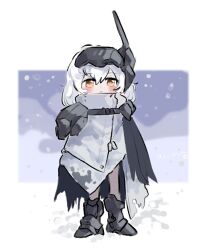 Rule 34 | 1girl, armor, armored boots, blush, boots, chibi, cloak, dog tags, full body, goddess of victory: nikke, inu (user arjr4358), long hair, looking at viewer, mechanical arms, shoulder armor, single mechanical arm, snow, snow white (nikke), solo, standing, visor (armor), white cloak, white hair, yellow eyes